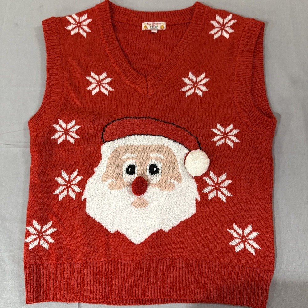 Poof New York Christmas Sweater Vest Red Size Large Santa Snowflakes Pom Poms